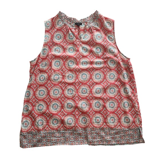 Talbots Tops - Talbots Womens XL Red Blue Medallion Print Sleeveless Cotton Ruffle Neck Blouse